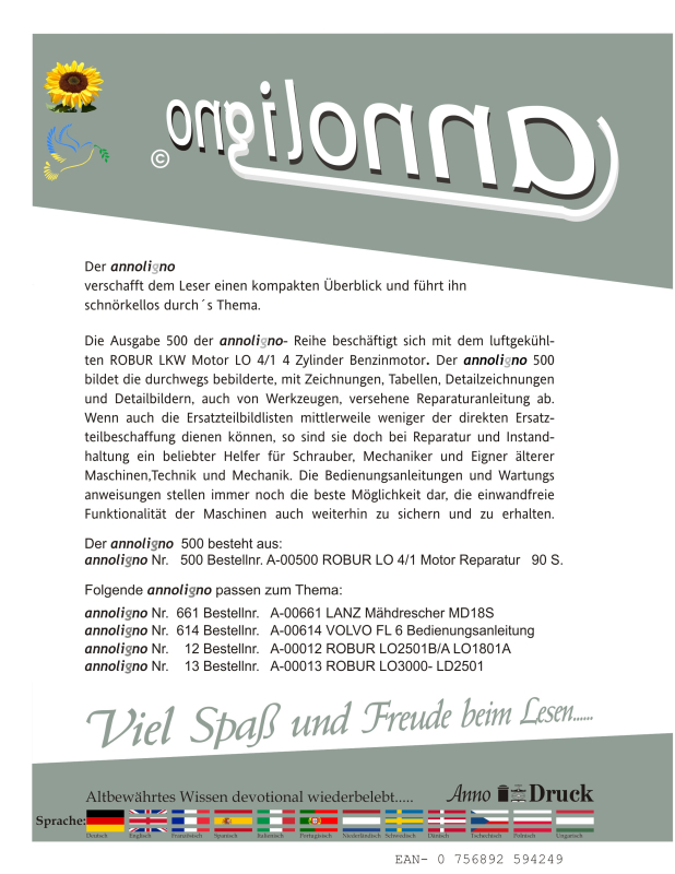 ROBUR 4 Zylinder LKW Benzin Motor Typ LO 4/1 Bild- Reparaturanleitung  -  annoligno 500